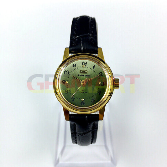 Zhufeng ladies watch with round case and three hands, manual mechanical movement, green dial background.