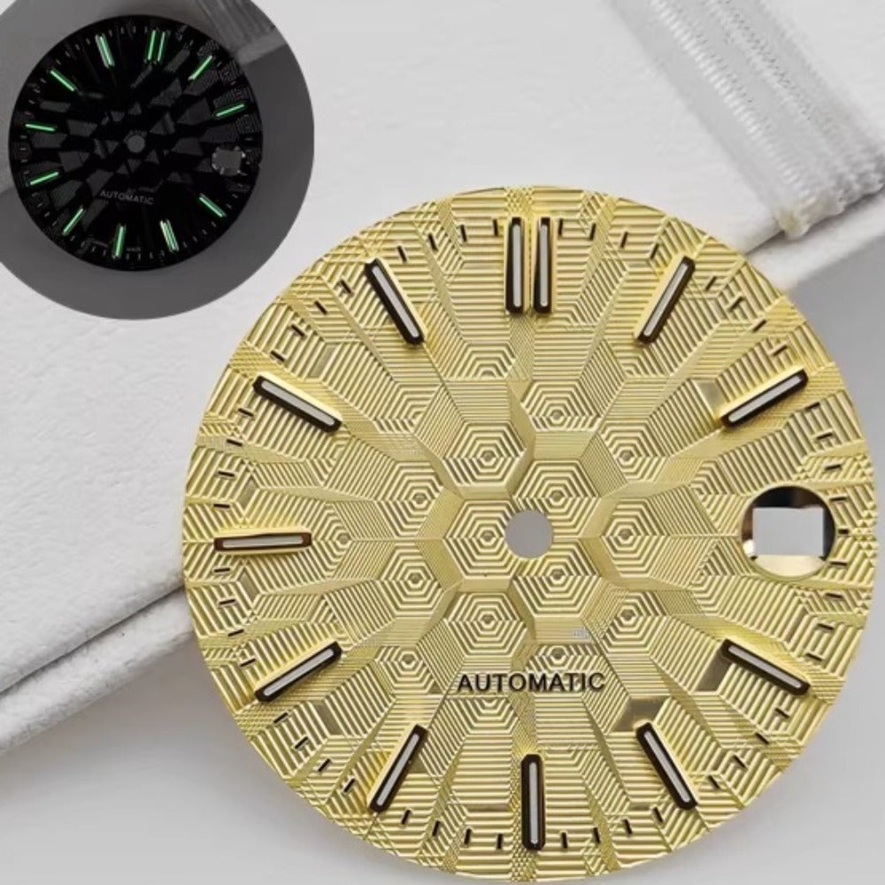 Yellow 28.5mm golden nail-style lume watch dial for NH35 NH36 movements, no logo, vibrant design.