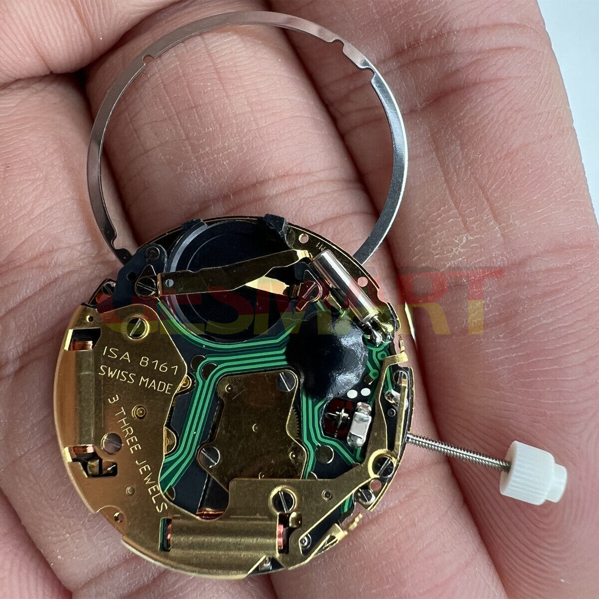 ISA 8161 golden watch part with Swiss quartz movement and 3 hands for precise watch repairs by ISA.