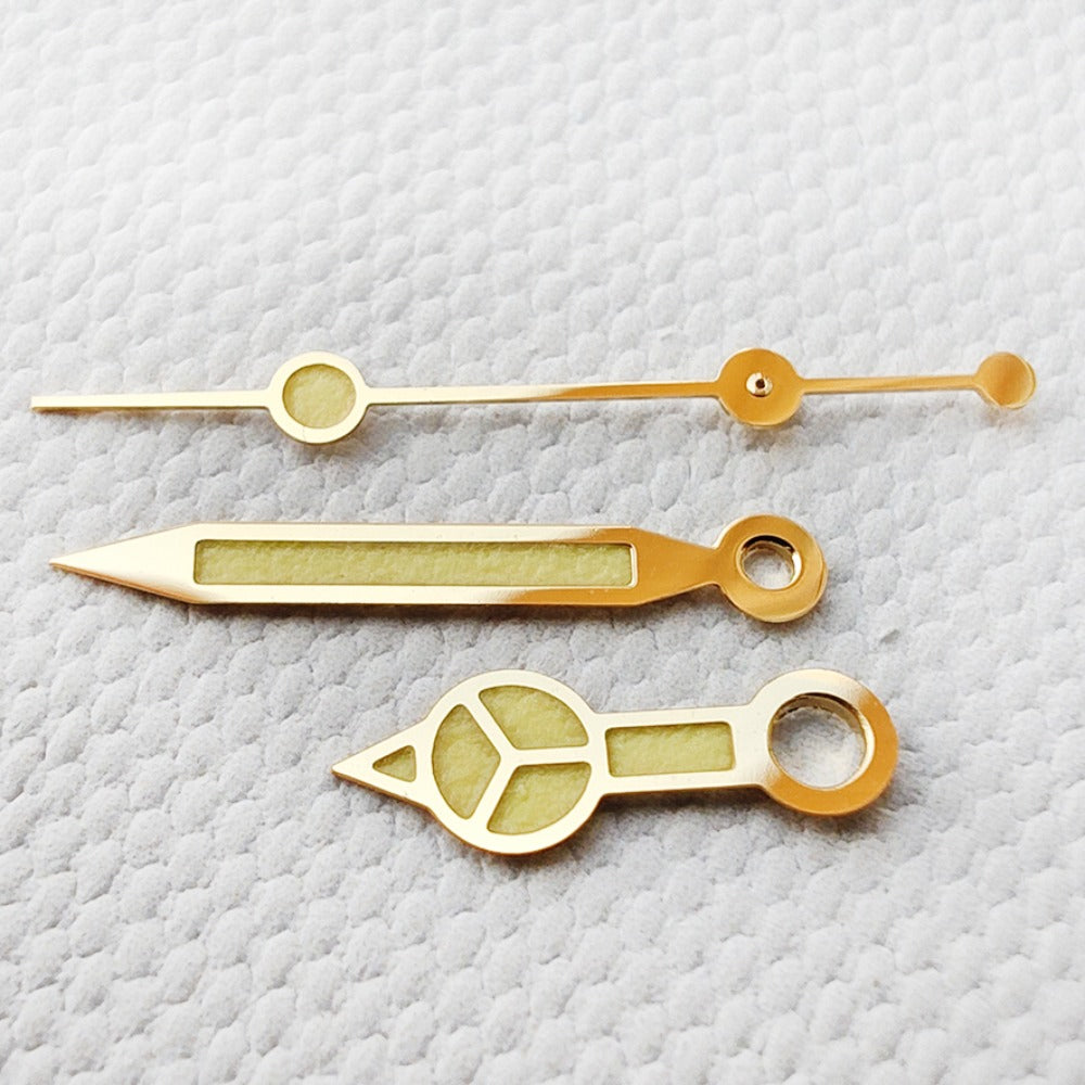 Golden Trim C3 Green Lume vintage watch hands for NH34 NH35 NH36 series, enhancing dial visibility.