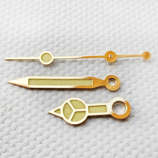 Golden Trim C3 Green Lume vintage watch hands for NH34 NH35 NH36 series, enhancing dial visibility.