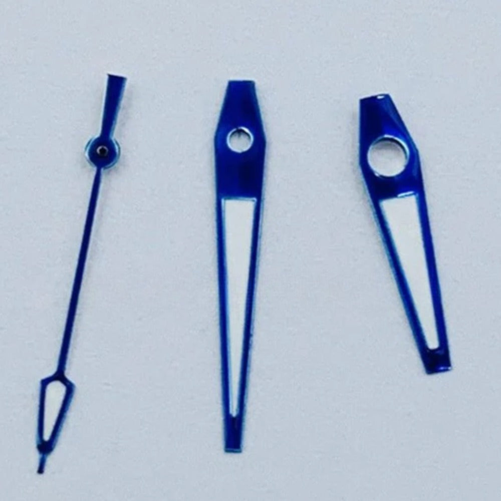 Blue trim lume second hands set, compatible with NH34 NH35 NH36 NH38 NH39 watches, glowing detail.