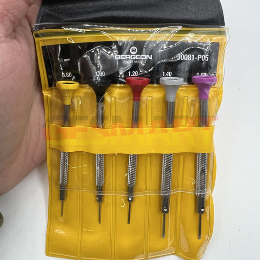 Bergeon 30081-P05 set of 5 ergonomic screwdrivers for precise watch accessory repairs and adjustments.