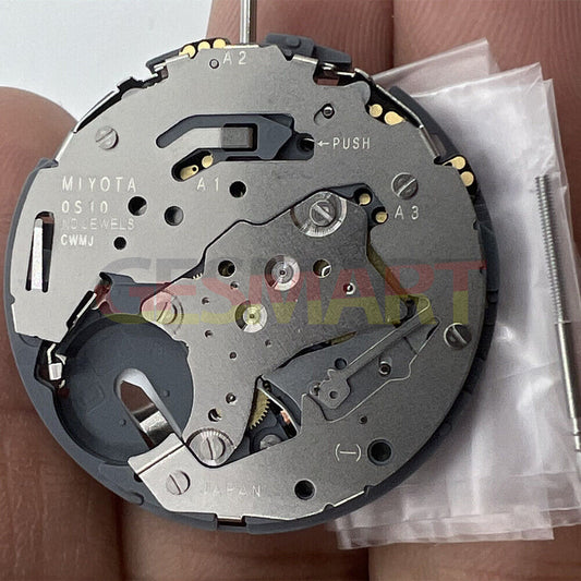 Miyota OS10 quartz watch movement with date display at 3 o?clock, precision Japanese mechanism.