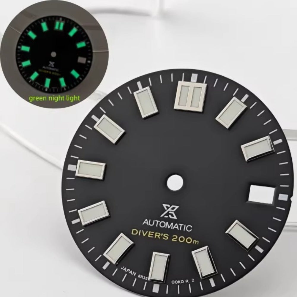 28.5mm black watch dial with green lume, no logo, fits NH35 NH36 movement, 200m diver's style.