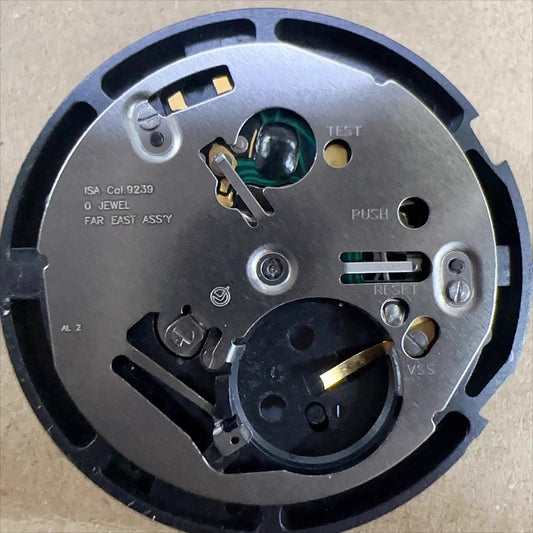 Swiss Made ISA9239 watch movement with quartz multifunctional 5 hands and small seconds at 3 and 9 o'clock positions.