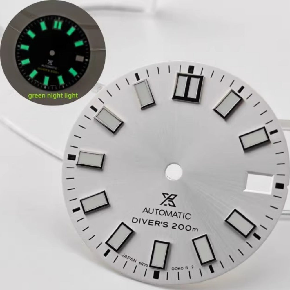 28.5mm white dial with green lume, no logo, fits NH35 NH36 diver's 200m watch movement.