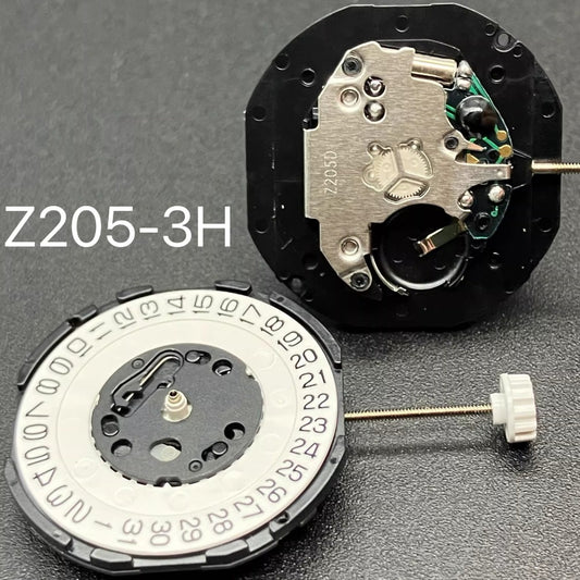 Set of 3 Z205 quartz watch movements with 3 hands and calendar date at 3, ideal for watch repairs.