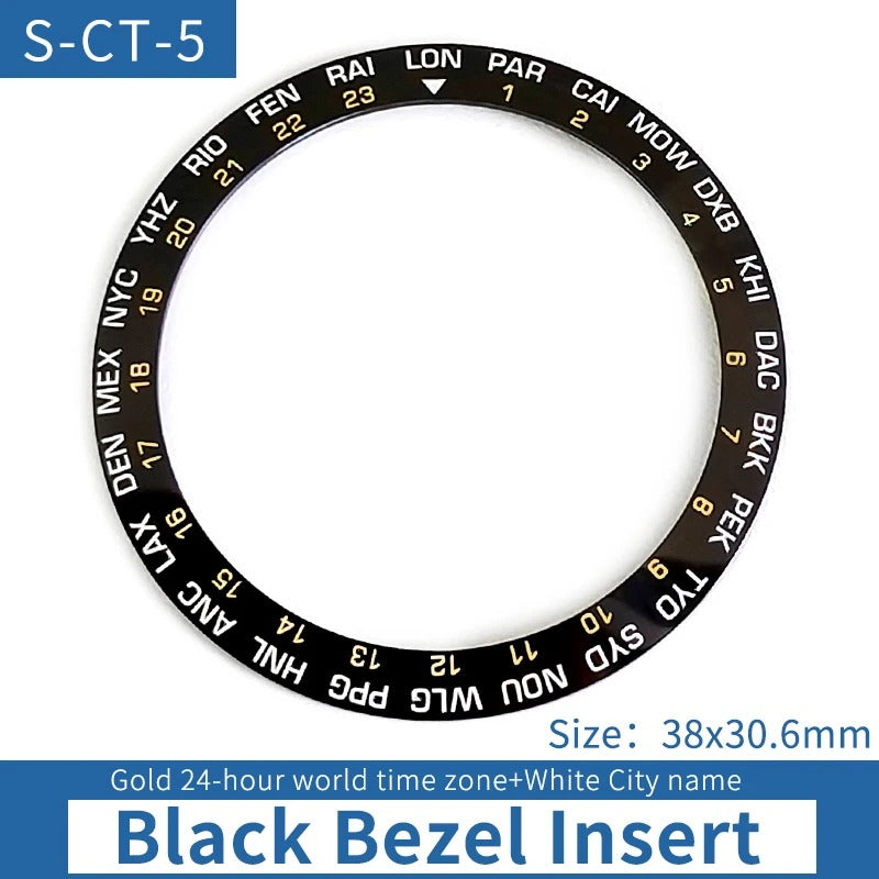 Golden Font 24 Hours Black Sloped Ceramic Watch Bezel For Skx007 Srpd World City