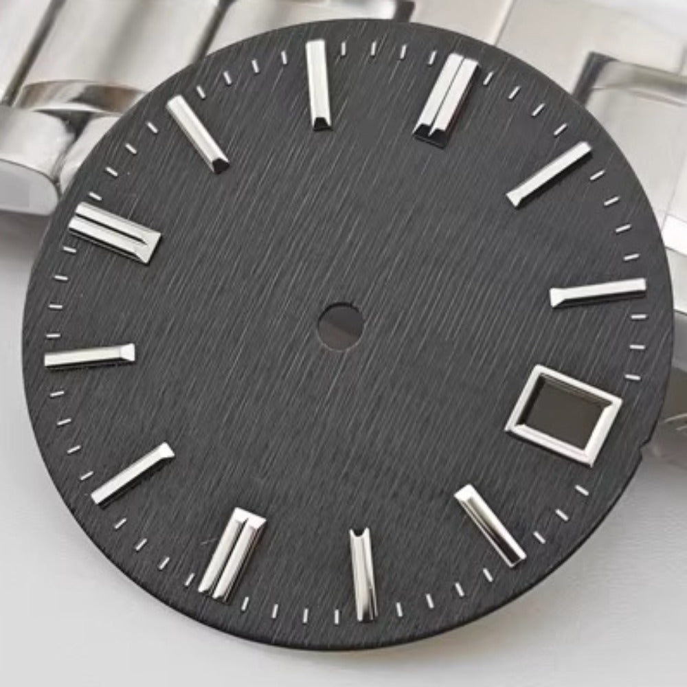28.5mm black watch dial with single calendar, compatible with NH35 NH36 movement, no logo design.