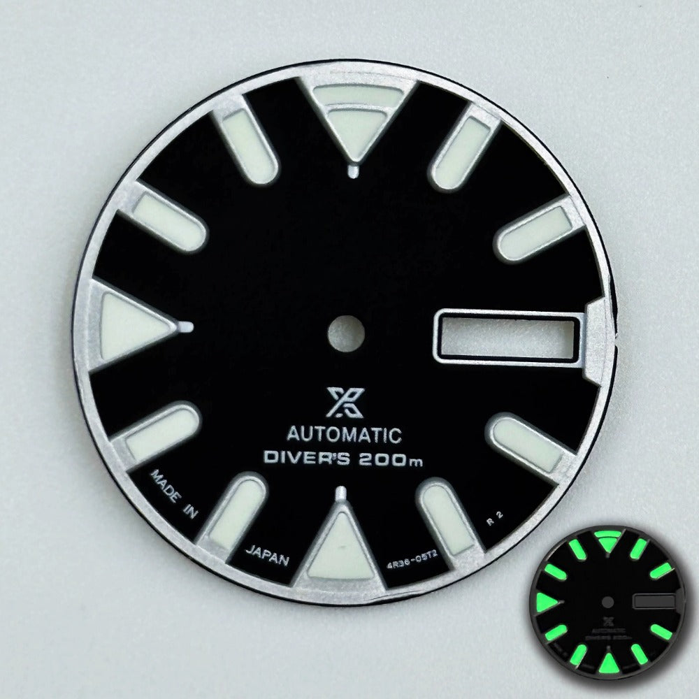 Black 28.5mm modified diving watch dial with green luminous markers for NH35 NH36 movement