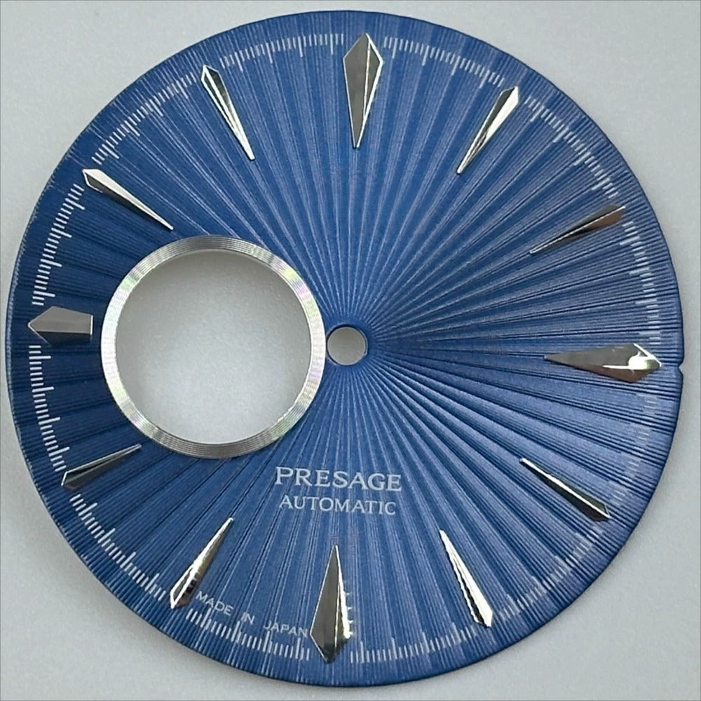 35mm Silver Nail watch dial with blue no-lume markers, cocktail style for NH39 movement