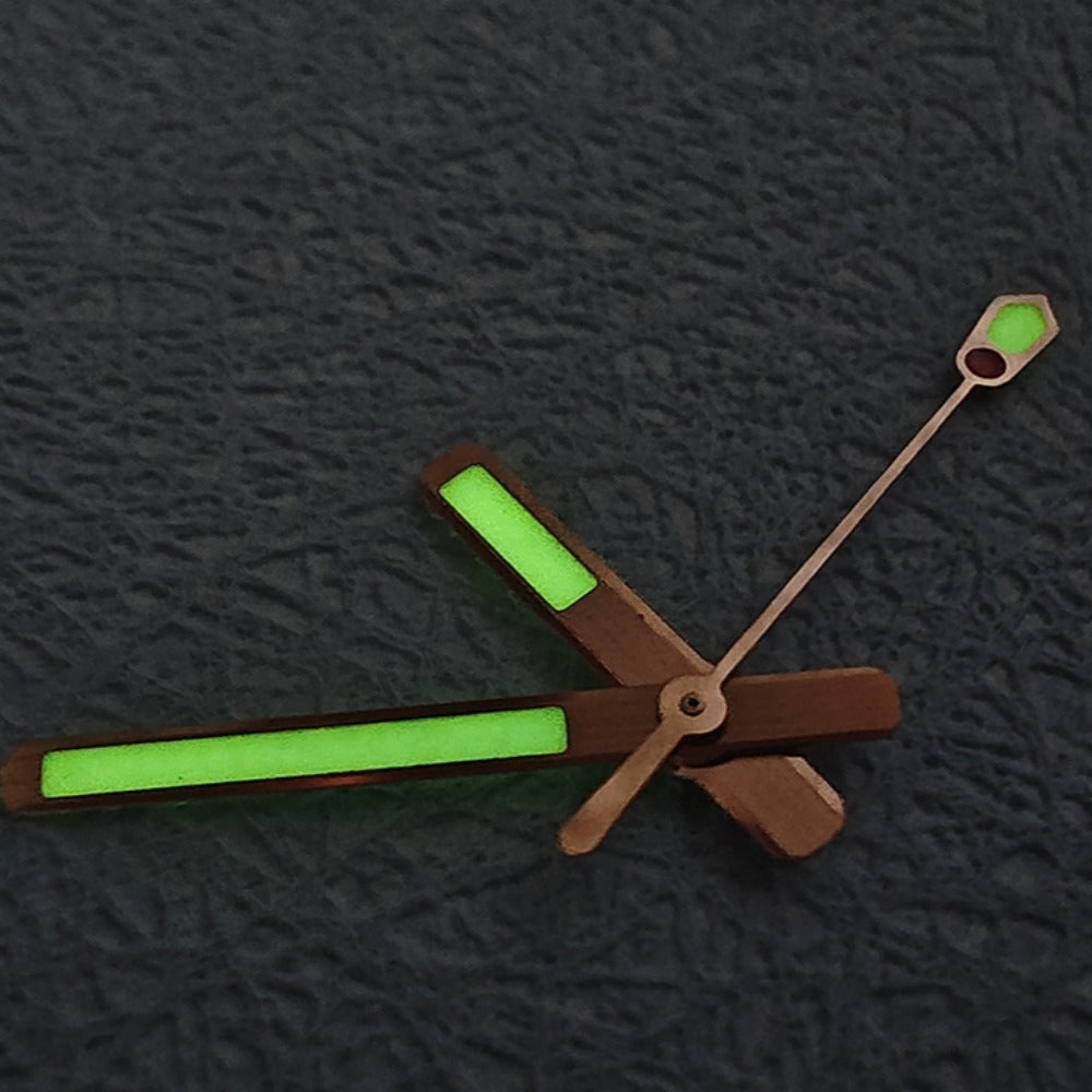Rose gold 16mm watch hands with green Abalone 6105 C3 lume, compatible with NH36 NH35 movements