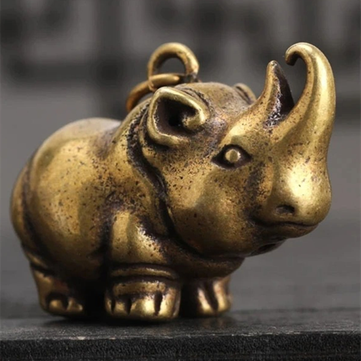 Hand-carved vintage bronze Copper rhinoceros figurine, collectible decor for display shelves.