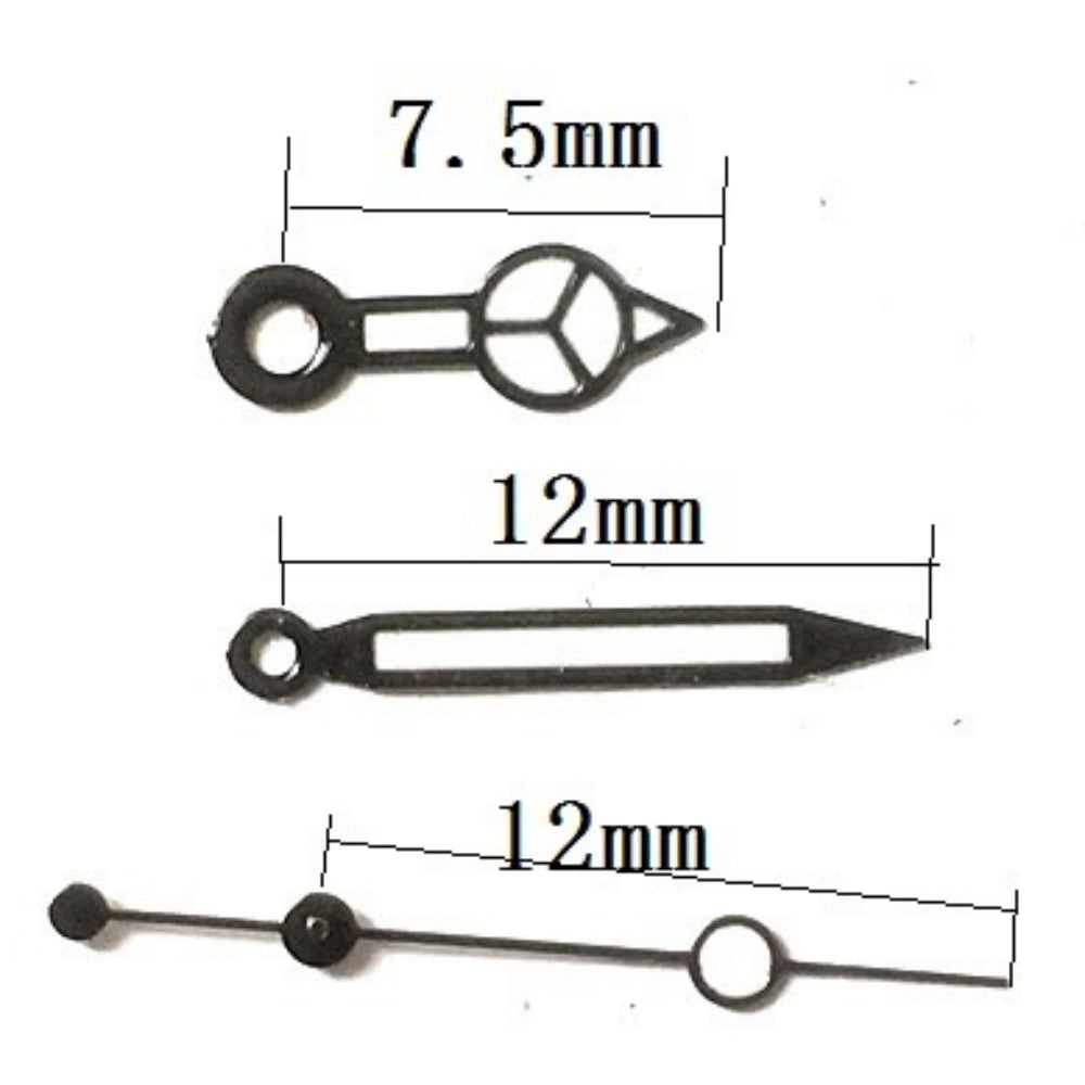 Aiguilles de montre luminescentes noires 12 x 12 x 7,5 mm pour mouvement mécanique automatique Seagull ST6