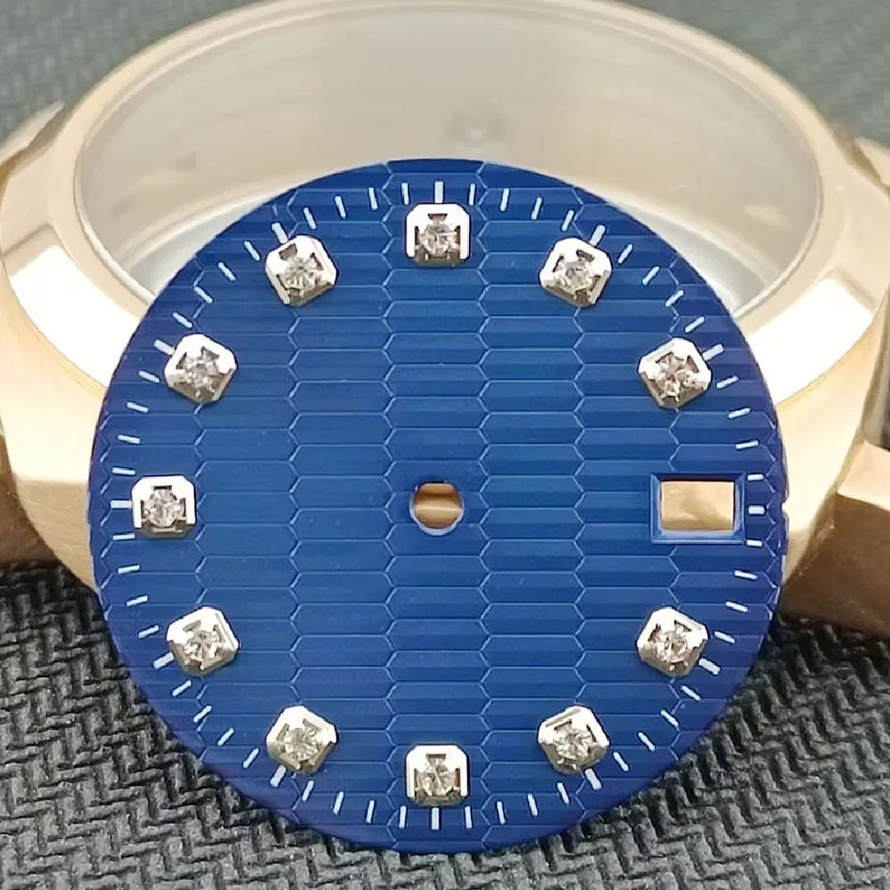 Silver 28.5mm square Datejust dial with blue accents, compatible with NH35 NH36 movements, brand-modified design.