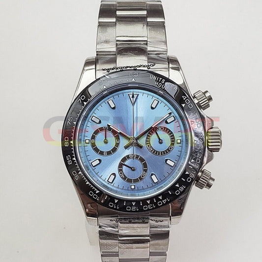 39mm AlexBrand stainless steel chronograph watch with sapphire glass and blue dial, VK63 quartz movement.