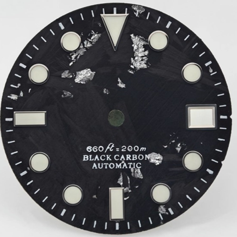 Triangle 28.5mm carbon fiber watch dial in black and silver with lume, compatible with NH34/35 movements by Triangle.