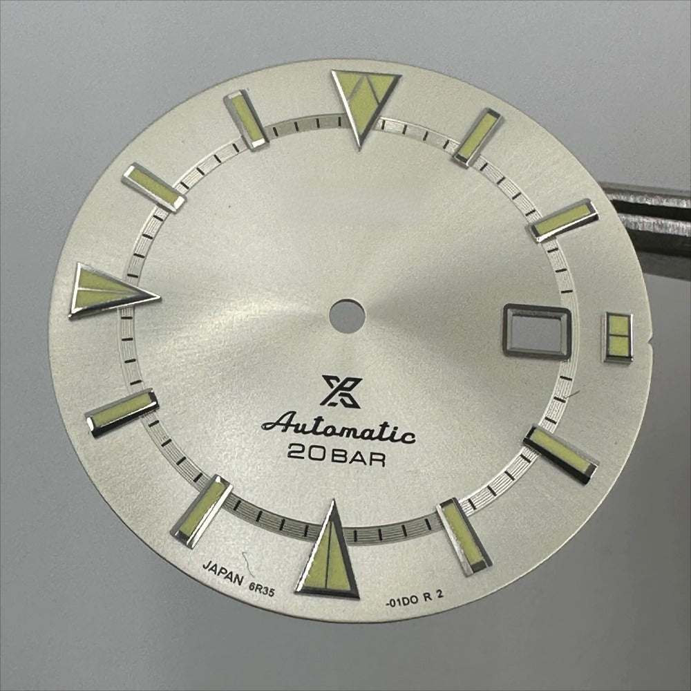34mm silver dial with silver trim and green lume for Datejust; fits 8215 8200 movements.