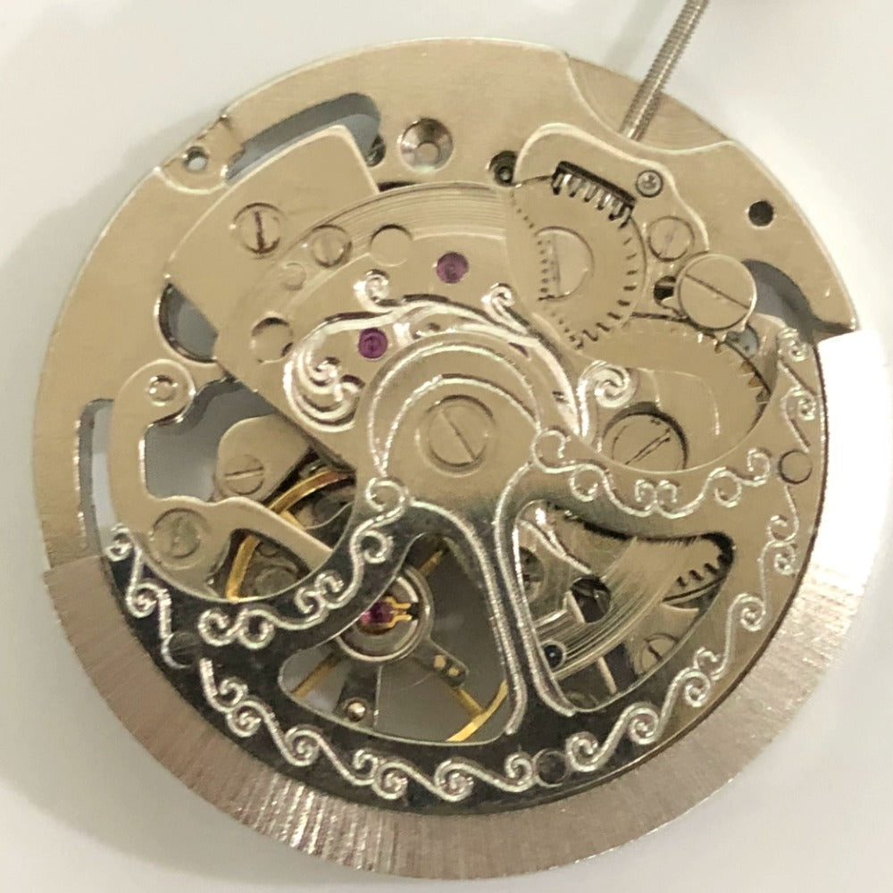 Silver 32.5mm 7120 Big Mechanical Watch Movement with 3 Hands, hollow design, precise craftsmanship for watch accessories.