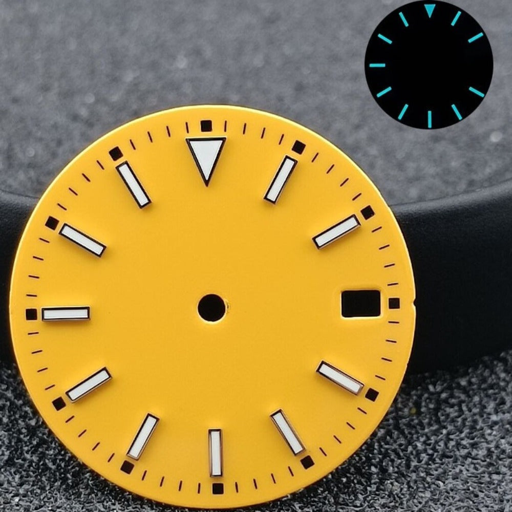 28.5mm yellow watch dial with blue luminous markers, calendar display, and silver metal nails for NH35 movement