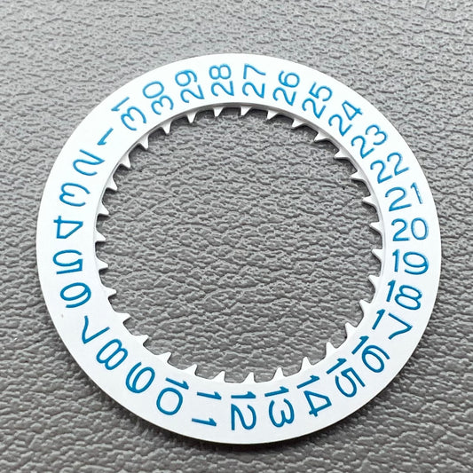 Blue date disk wheel for NH35 watch movement on white background, precise accessory.
