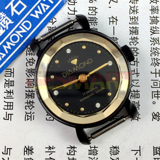Elegant 30mm Shanghai Diamond manual mechanical lady watch, black dial & case, 17 jewels for precision.