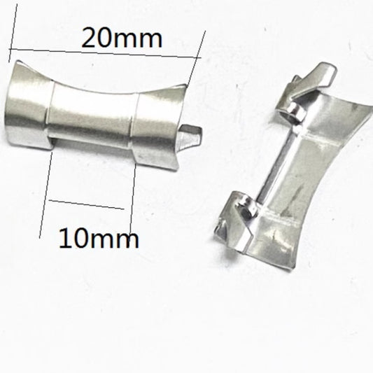 Polished 20x10mm silver steel curved end links with spring bars for watch straps