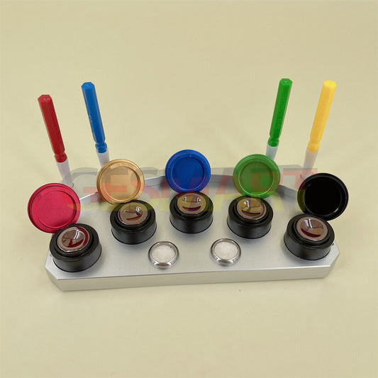 Silver Die-cast alloy oil cup stand with 5 containers and oiler pen for precise watch repair.