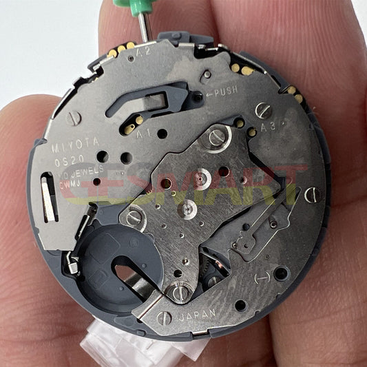 Japan Miyota OS20 quartz watch movement with date display at 3/6, precision timing for watchmakers