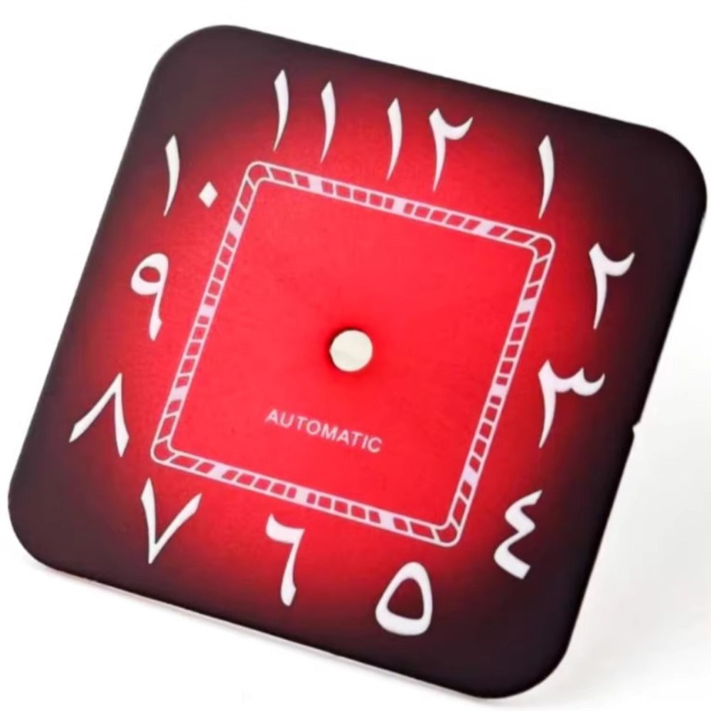 27mm red Arabic dial by Santos, designed for NH35 watch movement, no calendar feature.