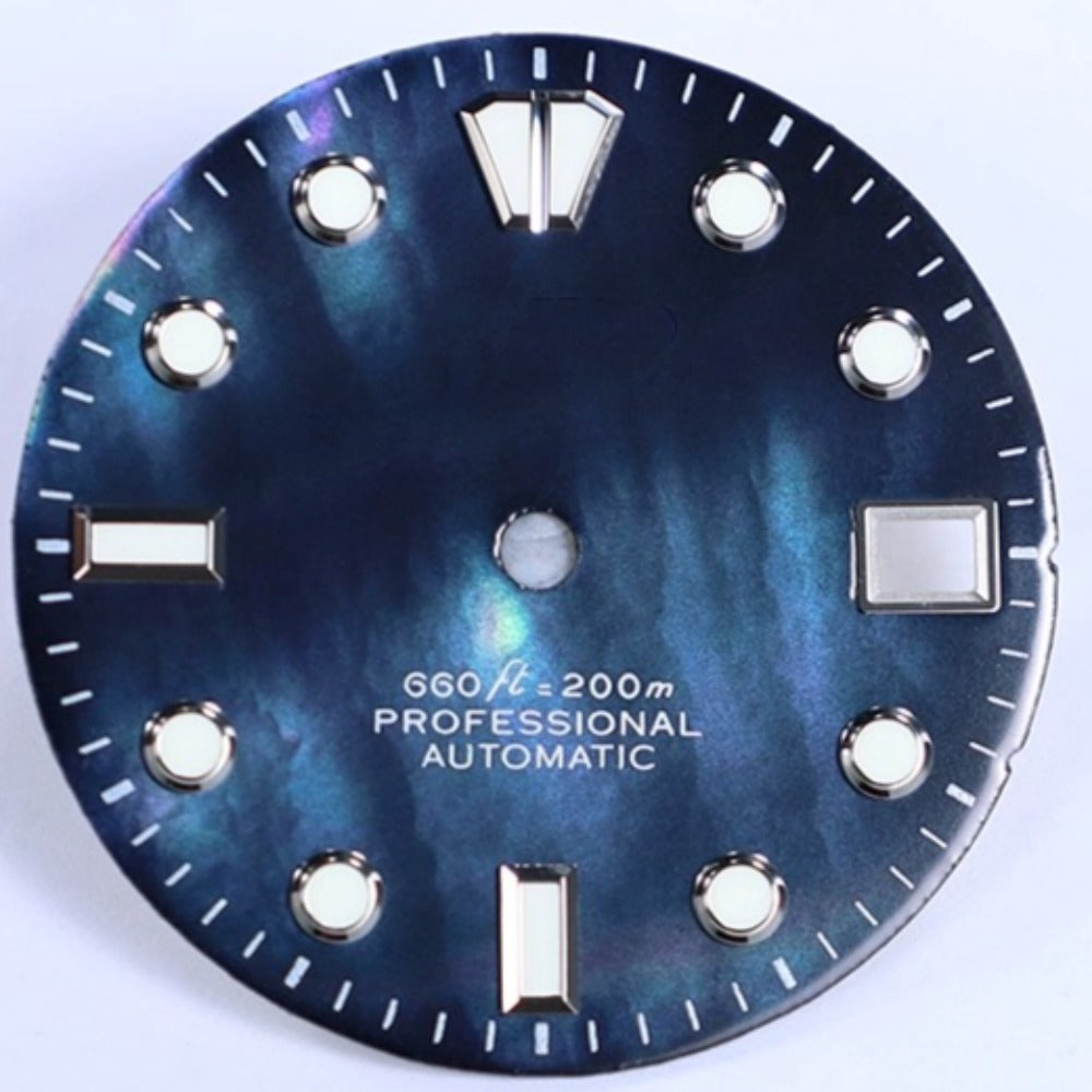 Gradual dark blue 28.5mm watch dial with blue lume and natural seashell vein, compatible with NH35,.