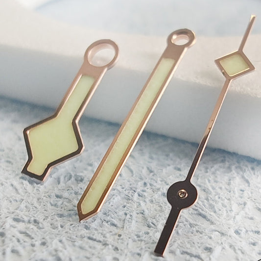 1. Rose Golden Trim C3 Green Lume watch hands for NH34 movement, enhancing readability in low light.