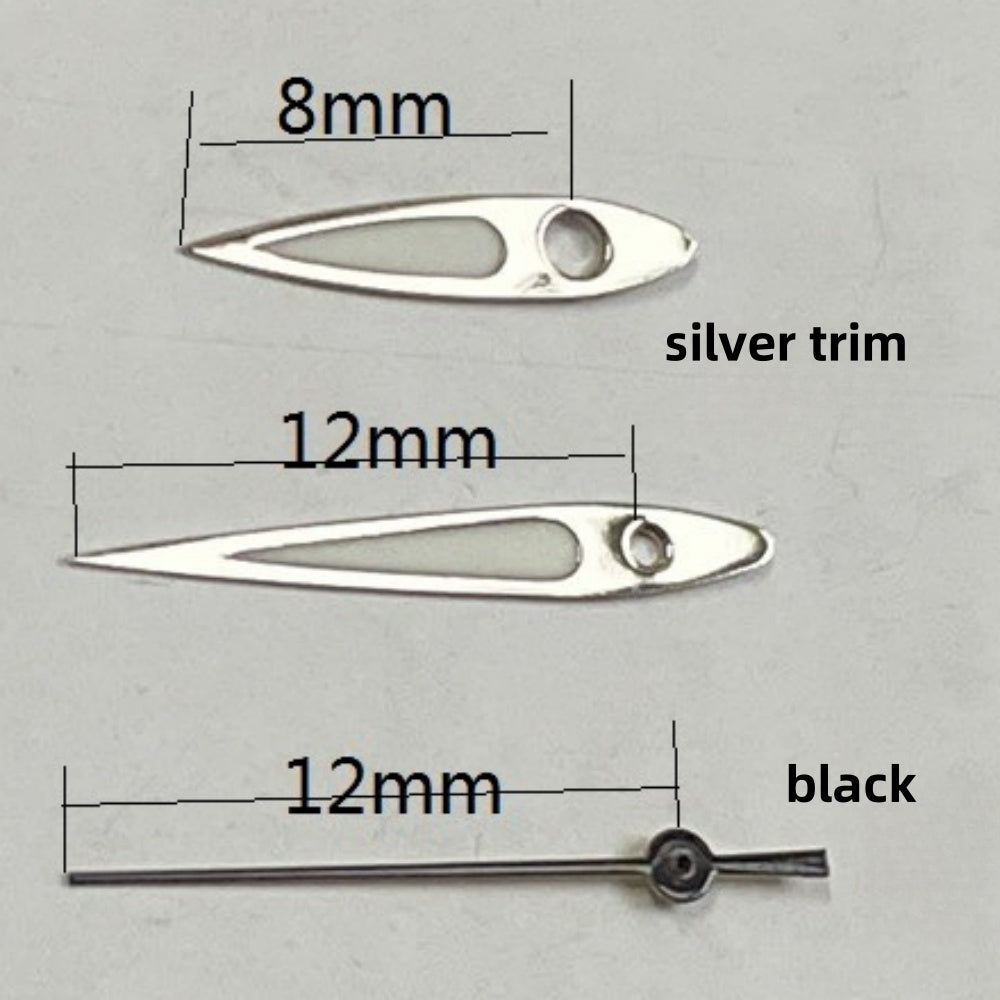 Aiguilles de seconde montre 12 x 12 x 8 mm, garniture argentée, vert luminescent, noir, pour mouvement à quartz Ronda 515
