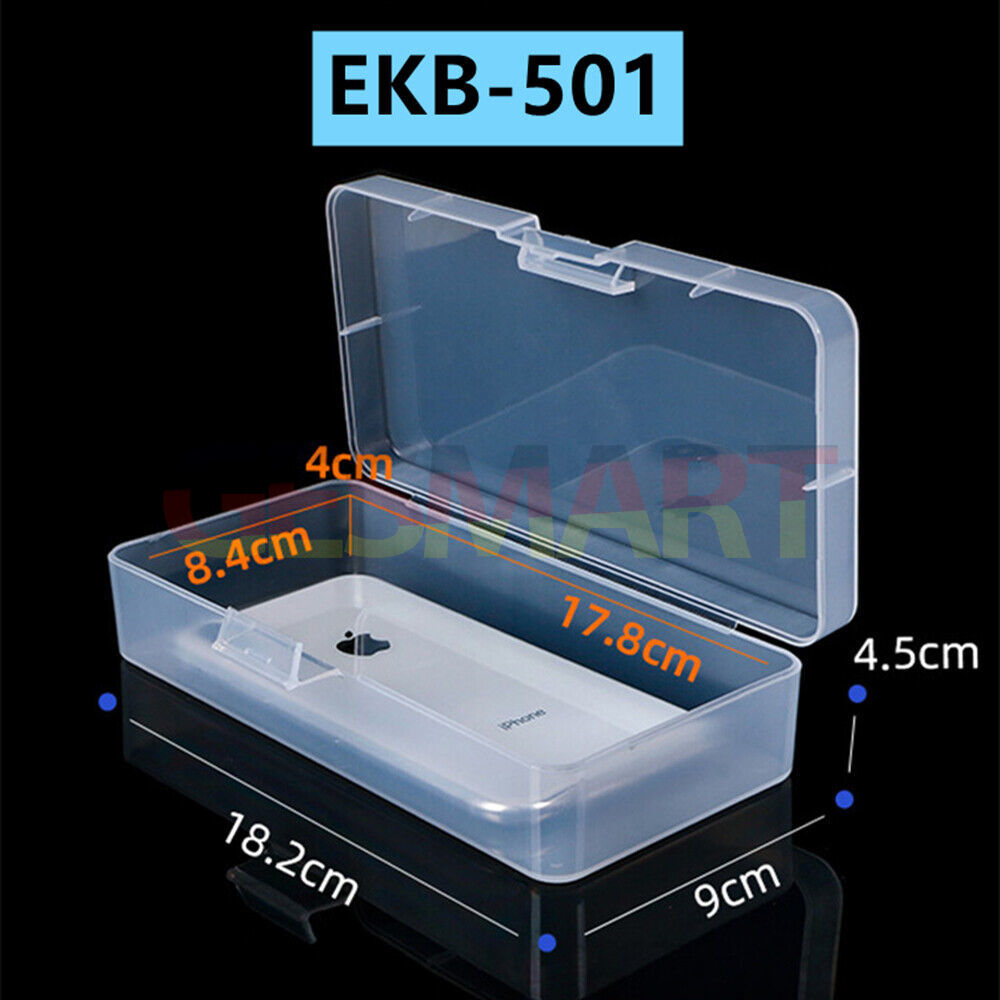 Set of 3 small rectangular toolboxes, 4.5x18.2x9cm, with hinged lids for organized storage.