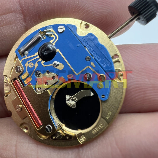 ETA 955.112 Swiss quartz watch movement showing 3 hands and date at 3 o'clock slot.