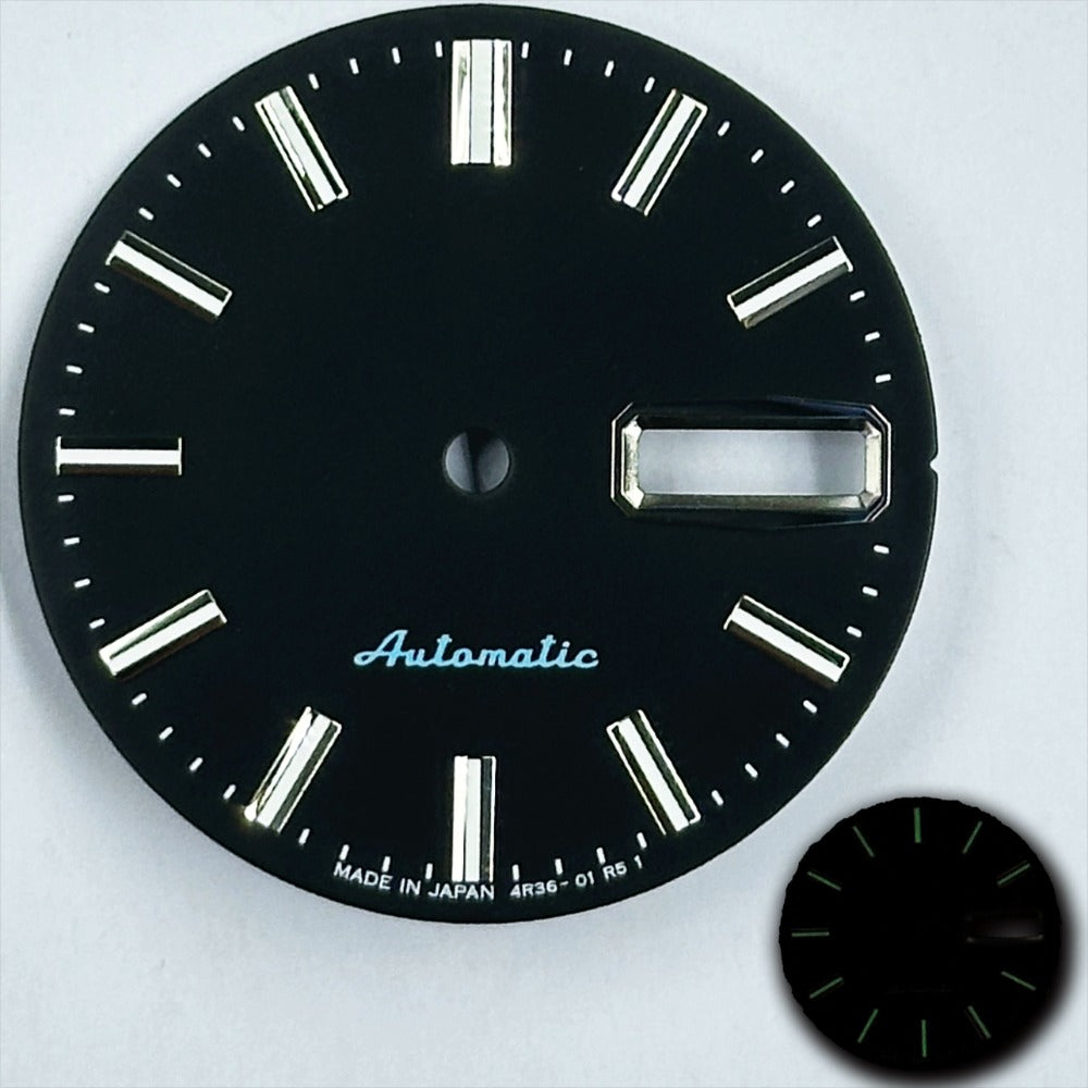 Black 28.5mm Modified Datejust dial with green luminous markers for NH35 NH36 movement