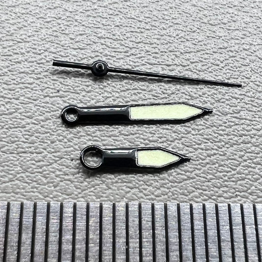 Black trim green lume watch hands set for Miyota 8215 with luminous tips, perfect for watch repairs and upgrades.