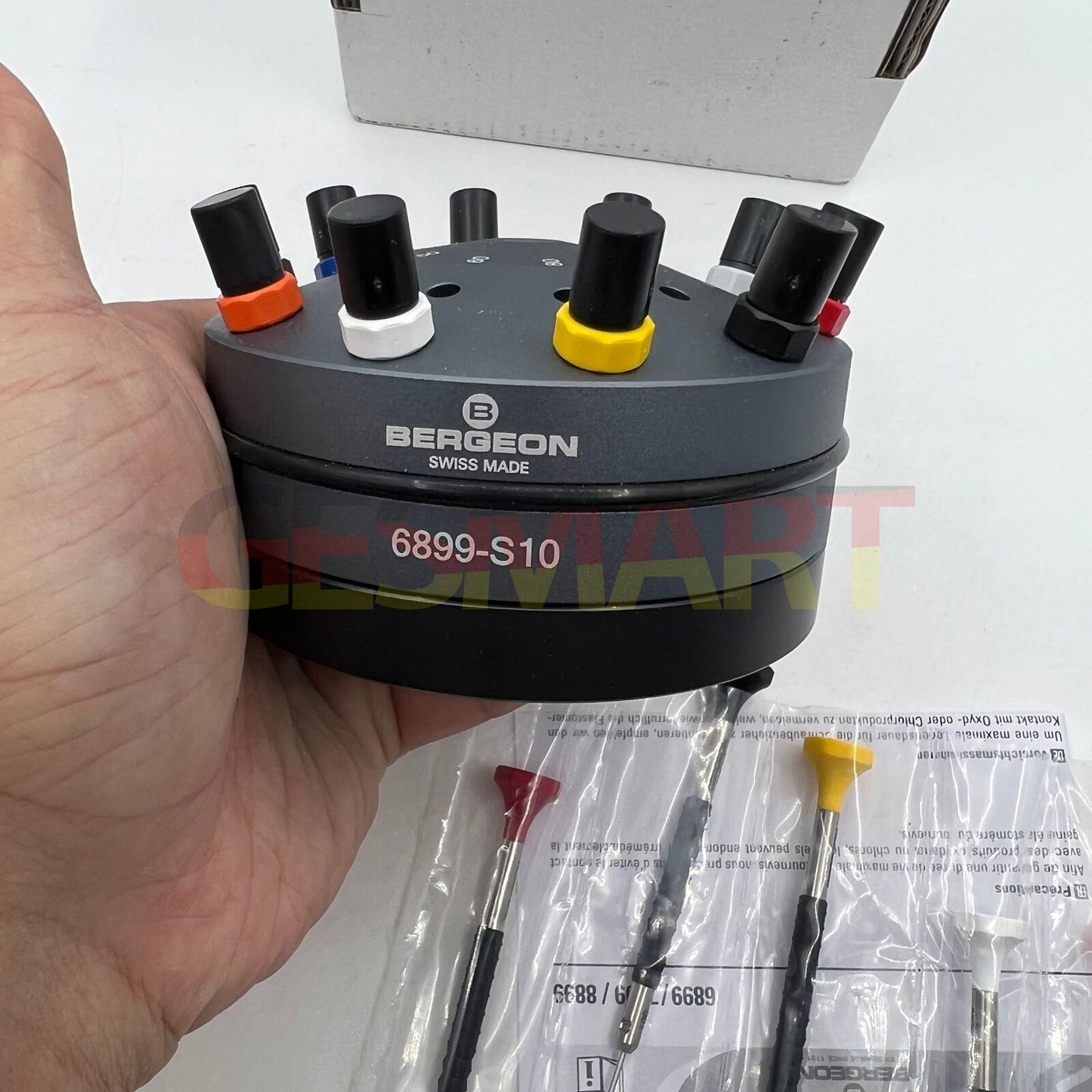 Bergeon 6899-S10 stainless steel screwdrivers set with elastomer handles for watch accessory repairs.