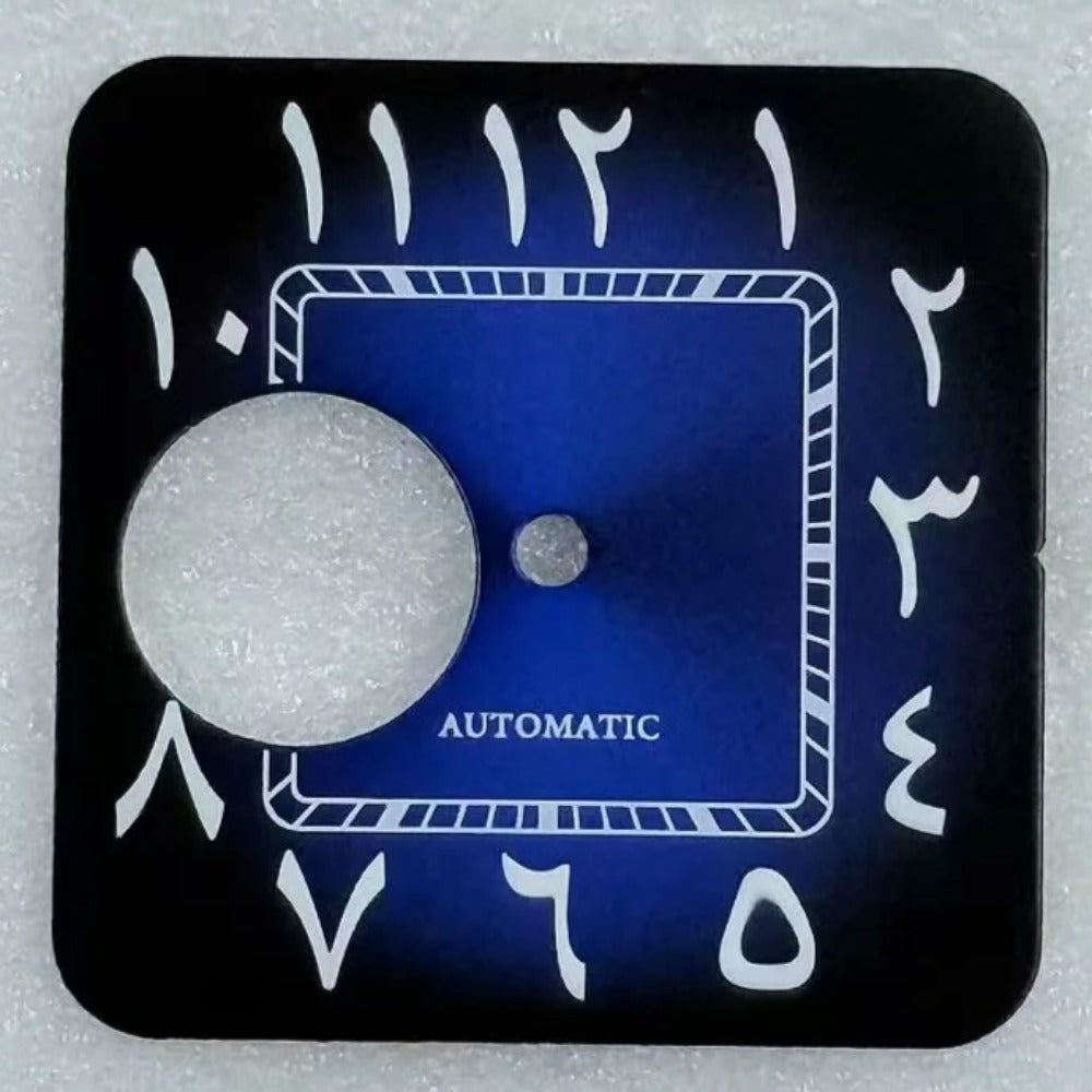 27mm Blue Sunburst Hollow Arabic Green Lume Square Dial for NH70 NH38 Movement