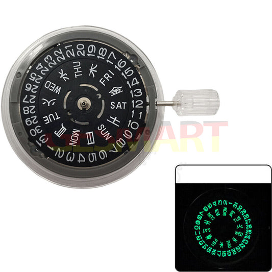 Miyota NH36A watch movement with black finish, green lume, and 3/3.8 crown position for precise timekeeping.