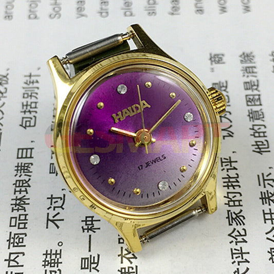 23mm SHANGHAI HAIDA lady watch with manual mechanical movement and imitation diamond markers, 17 jewels.