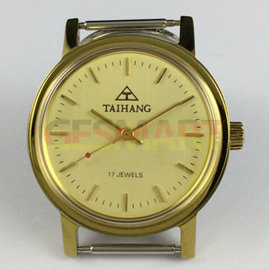 37mm TAIHANG manual watch with golden round case, yellow dial, and gold nail hour markers for elegant style.
