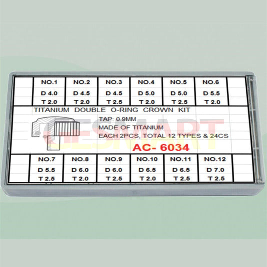 24pcs Titanium T-shape watch crowns with double waterproof O-rings, 12 sizes for precise replacements.