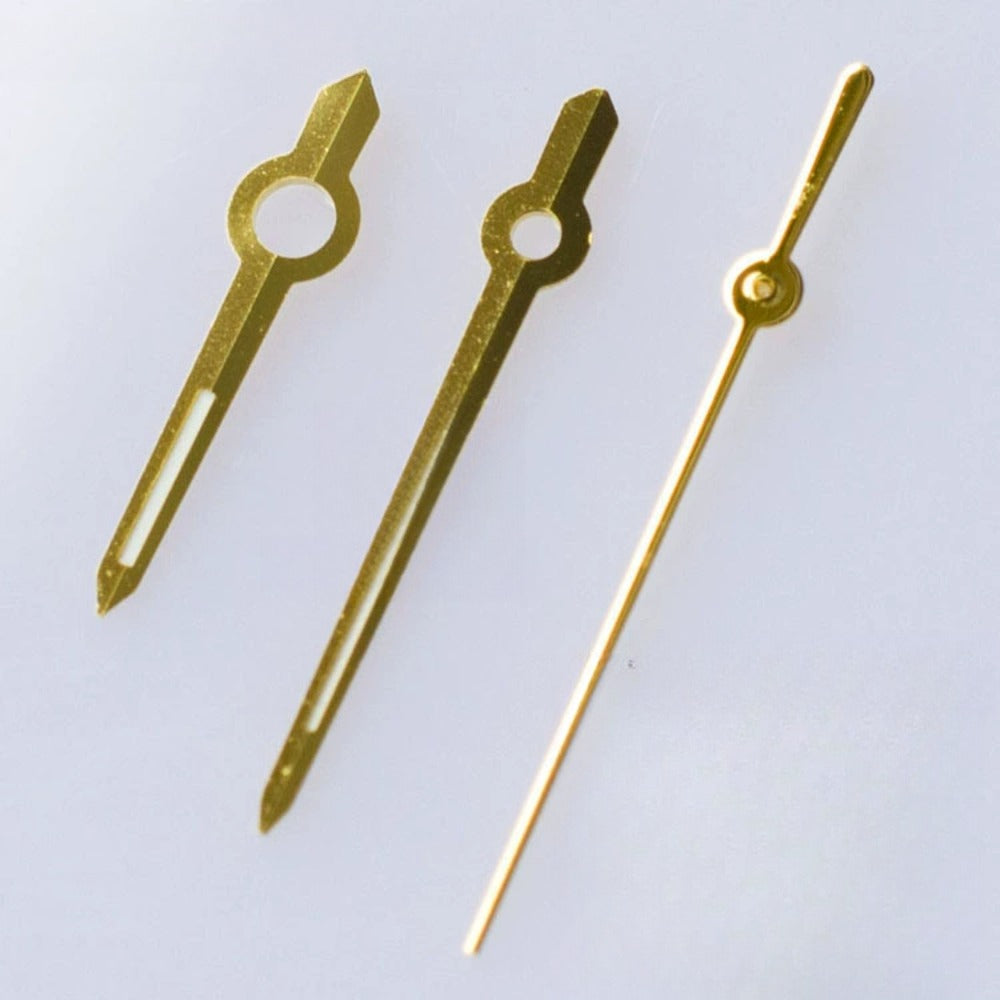 Golden trim green lume watch hands for ETA2836, 2824, 2892A2 movements by BrandName, perfect for replacements.