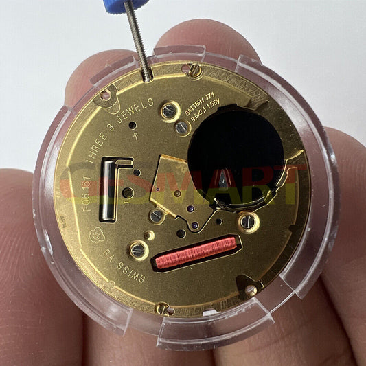 ETA F06.161 quartz watch movement with white dial, 3 hands, date windows at 3 and 6, precision timekeeping by ETA