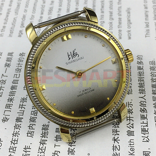 Shanghai Factory manual mechanical watch with golden nail markers and gradient grey dial for elegant style.