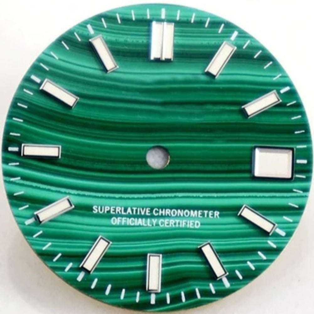 Green 28.5mm natural malachite watch dial with blue lume, designed for NH35 movement.
