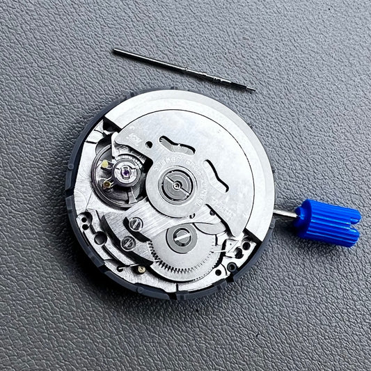 Seiko NH35A watch movement with black dial, 24 jewels, and date display at 6 o'clock for watch repairs.