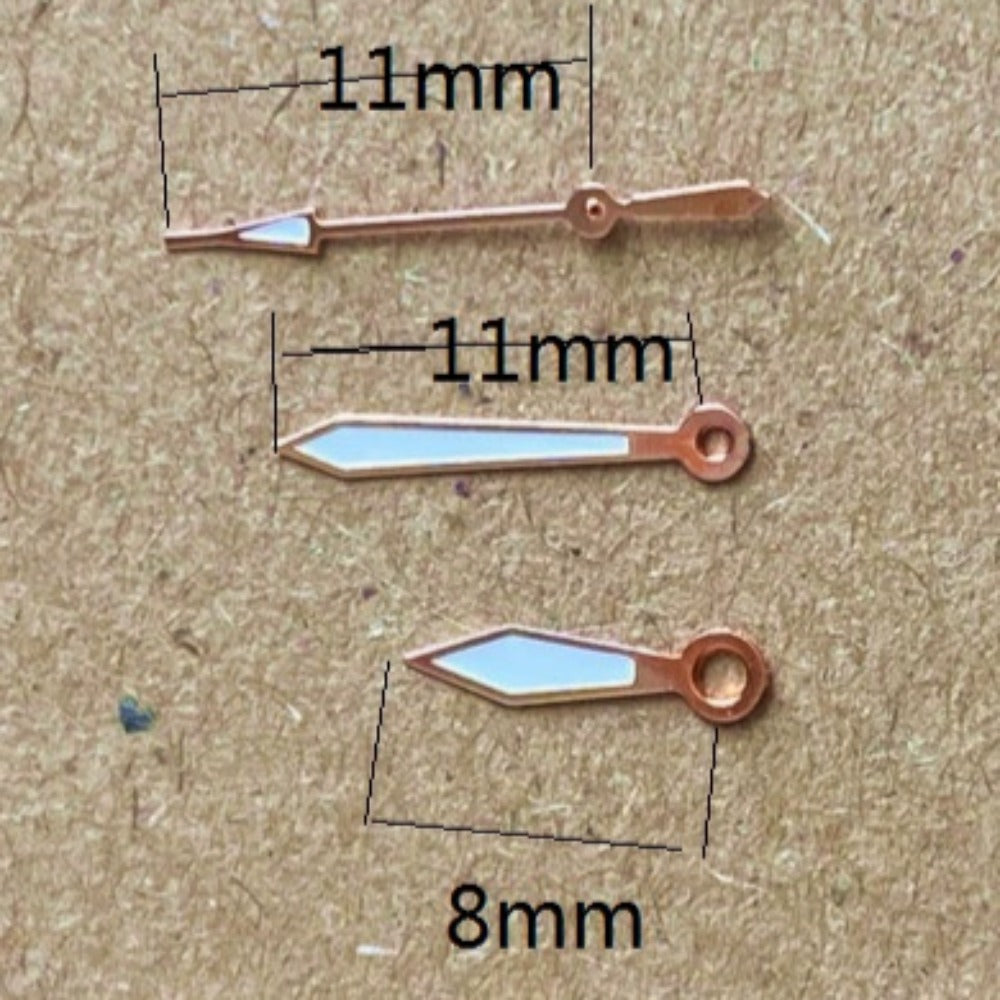 Aiguilles de montre à lumens verts 11 x 11 x 8 mm avec garniture dorée rose pour mouvement à quartz Miyota 2035